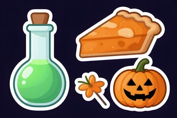 Obraz premium A delightful collection of cute, cartoon-style Halloween illustrations, stickers, and seamless vector patterns. This festive selection features friendly holiday characters and seasonal treats rendered