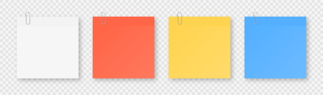 Sticky note paper set attached with paper clip. Blank paper sheets or sticky notes on transparent background. Colorful memo for reminders, task management, and pinboard. Vector