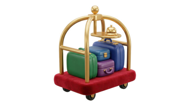 Hotel luggage cart with colorful suitcases and bellboy bell 3d render illustration.