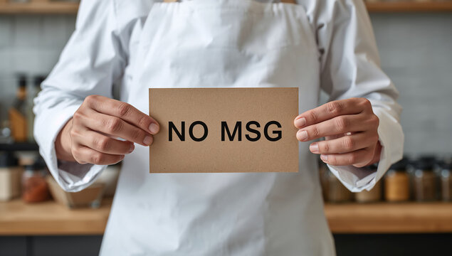 調味料が並ぶオープンキッチンで無添加・化学調味料不使用「NO MSG」カードを掲げるシェフ