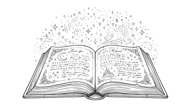 Vintage magic book with glowing stars and celestial symbols, mystical open grimoire vector illustration, antique spellbook with alchemy sketches