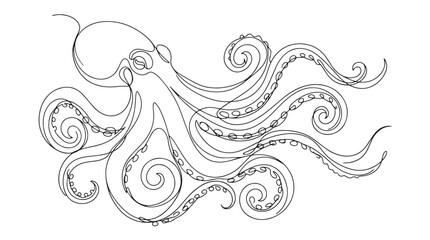 Minimalist octopus continuous line art, elegant sea creature vector illustration, black ink sketch of cephalopod with swirling tentacles © Rehana