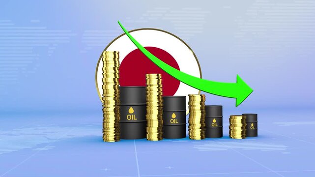 Japan Oil Prices Decline with Oil Barrels, Gold Coins and Downward Green Arrow, 3D Economic and Financial Market Concept