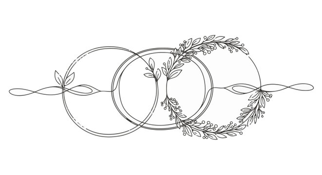 Single line drawing of two interlocking circles with integrated botanical leaves and berries, horizontal minimalist divider design, black vector illustration on white background.