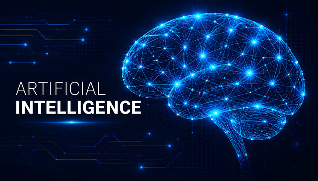 Artificial intelligence text next to a glowing neural network digital brain. Abstract cyber mesh structure represents deep learning technology. Perfect for futuristic banner designs.