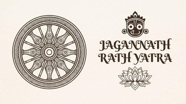 Lord Jagannath rath yatra vector illustration with intricate wooden chariot wheel and traditional deity icon for historical festival banner