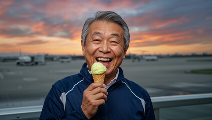 Fototapeta premium 夕焼けが美しい空港の展望デッキでライムシャーベットを食べるシニア男性