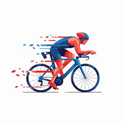 Fototapeta premium Geometric vector illustration of a male triathlete in a blue and red suit riding a time trial bicycle in an aerodynamic position, featuring motion speed lines on a white background.