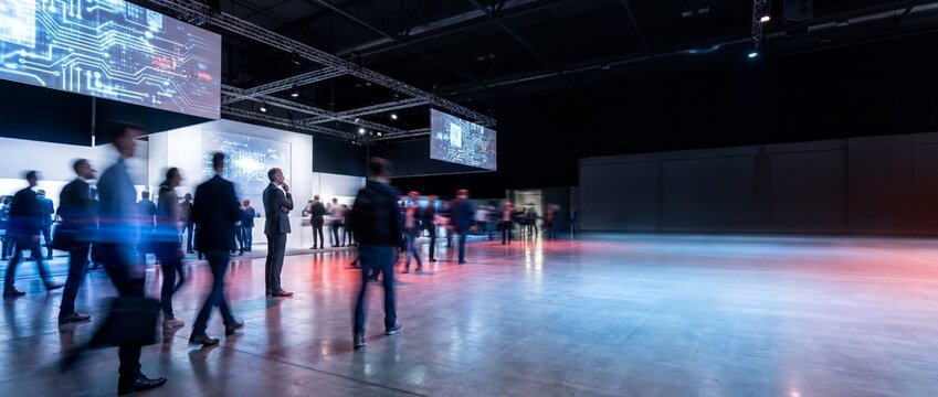 Technology exhibition hall with blurred attendees walking past large digital screens displaying glowing blue circuit board graphics, ideal for corporate event and innovation conference