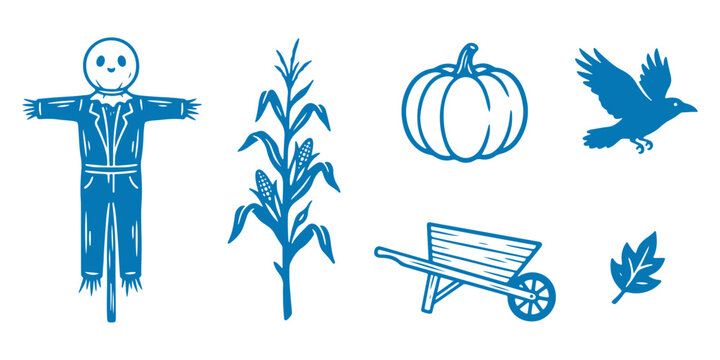 Harvest icons including scarecrow, corn, pumpkin, crow, wheelbarrow, and autumn leaf on white background