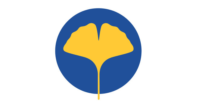 A vibrant yellow ginkgo biloba leaf silhouette is prominently displayed within a solid blue circular emblem, set against a clean white background.