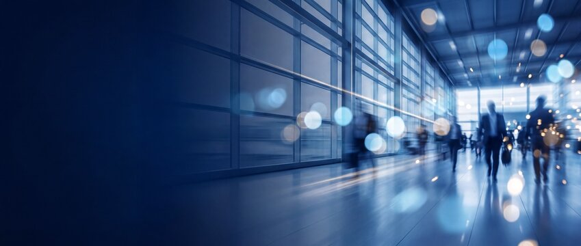 Blurred business people in terminal with abstract light leaks, featuring a blue color palette and glass architecture, ideal for corporate travel banner designs for commercial technology