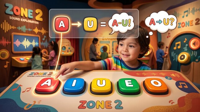 Little boy interacting with a colorful phonics and sound exploration exhibit at a children's science museum.