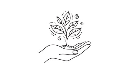 Minimalist line art sprout in hand vector, hand holding growing plant illustration, eco friendly sustainability concept icon for organic branding © Rehana