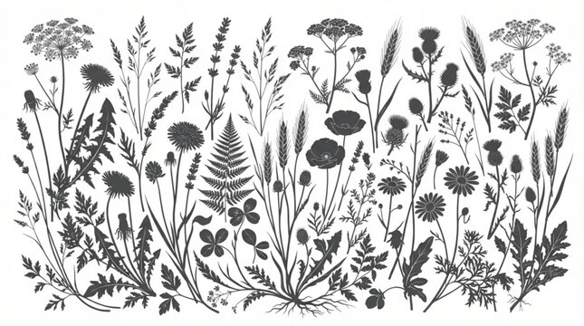  Botanical foliage silhouette vector set with meadow wildflowers and grass stems for elegant invitation cards