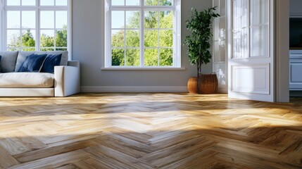 Fototapeta premium Elegant Parquet Flooring in Bright Sunlit Room with Modern Sofa and Greenery Outside Window