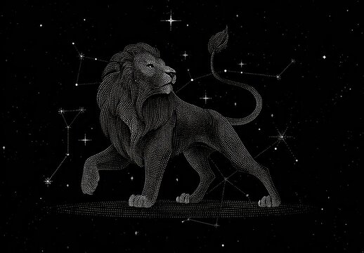 An illustrated lion constellation, in grayscale, against a black night sky