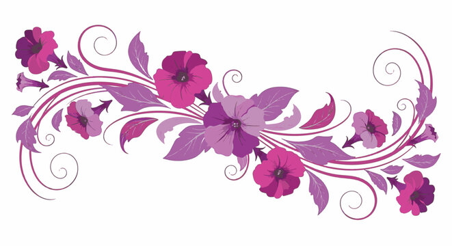 Vibrant magenta and lilac petunia flower vector illustration featuring decorative swirls, purple leaves, and elegant floral scrolls isolated on a white background for graphic design.