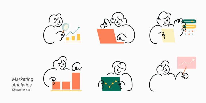 Line art character set featuring diverse people in various marketing analytics, data and business concepts illustration.