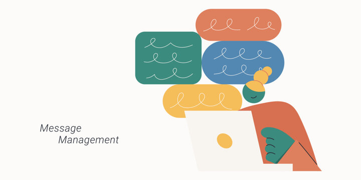 Flat vector illustration of person using laptop with multiple colorful chat message bubbles representing message management.