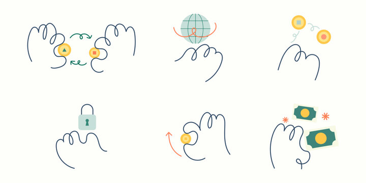 Hand drawn line icon set featuring money exchange, currency, security and finance concepts illustration.
