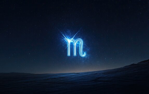 Glowing blue Scorpio zodiac symbol against a starry night sky with a dark, textured foreground