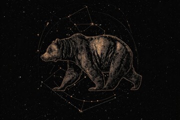 A sepia-toned depiction of a bear with a constellation pattern on a dark starry background
