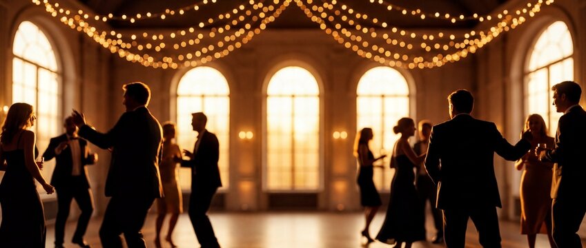 Silhouetted guests dancing at a formal evening reception illuminated by warm golden light from arched windows and overhead string lights, ideal for wedding celebration backgrounds