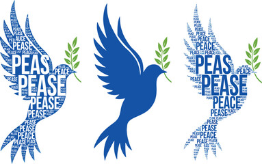Fototapeta premium Three doves of peace, two made of text and one solid blue, with olive branches, isolated on a white background, set