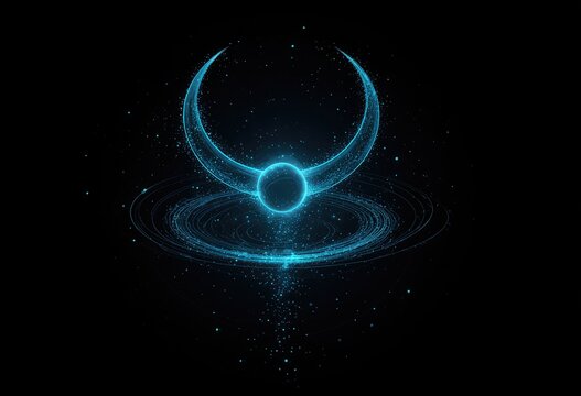 Luminous crescent shape and circular design with a central sphere on a black background