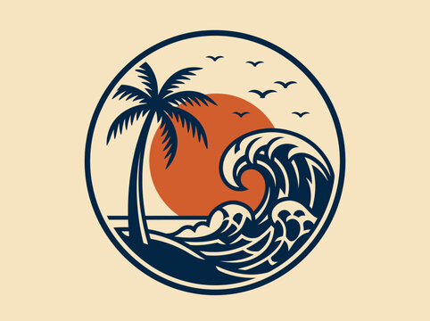 Retro Vintage Surf Logo Badge with Ocean Wave, Palm Tree, and Sunset. Minimalist Tropical Beach Graphic Design.