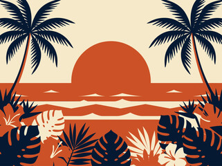 Retro Tropical Sunset Illustration with Palm Trees and Jungle Foliage © Sepon