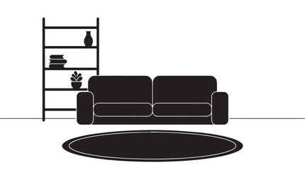 Fototapeta premium Minimalist Black and White Living Room Interior Illustration with Sofa and Bookshelf Silhouette