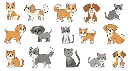 Fototapeta premium Large collection of fifteen cartoon pet illustrations featuring diverse breeds of cute dogs, puppies, cats, and kittens in standing and sitting poses on a white background.