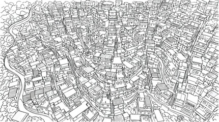 Obraz premium Densely Populated Hillside Favela Line Art Illustration