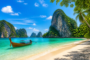 Fototapeta premium A longtail boat floats in turquoise water near a sandy beach surrounded by dramatic limestone karst islands under a bright blue sky.