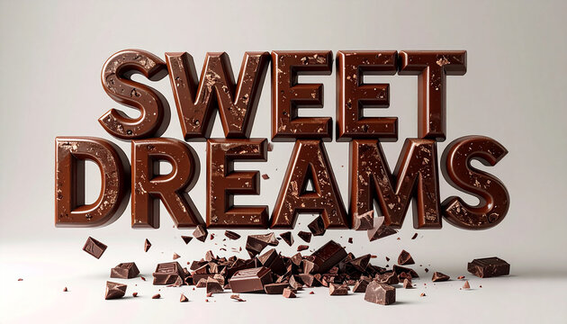 Delicious Milk Chocolate Lettering Displaying the Text Sweet Dreams With Crumbling Texture and Scattered Pieces Isolated on a Clean White Background