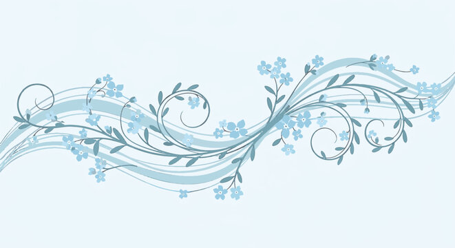 Horizontal vector illustration of a powder blue floral wave with delicate forget-me-not flowers, swirling vine tendrils, and teal leafy scrolls set against a pale blue background.