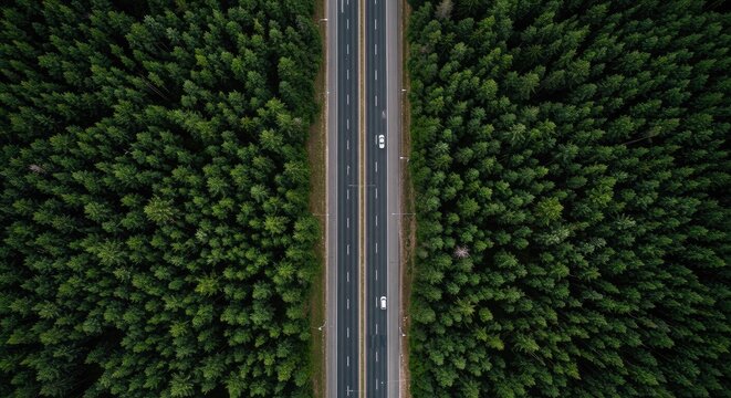 Aerial view of a road cutting through a dense forest with trees on both sides
