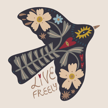 Minimalist bird and botanical vector illustration, hand-drawn live freely lettering, mystical freedom concept line art, modern celestial silhouette for eco branding and t-shirt print