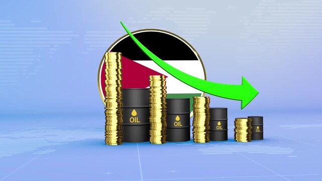 Jordan Oil Prices Decline with Oil Barrels, Gold Coins and Downward Green Arrow, 3D Economic and Financial Market Concept
