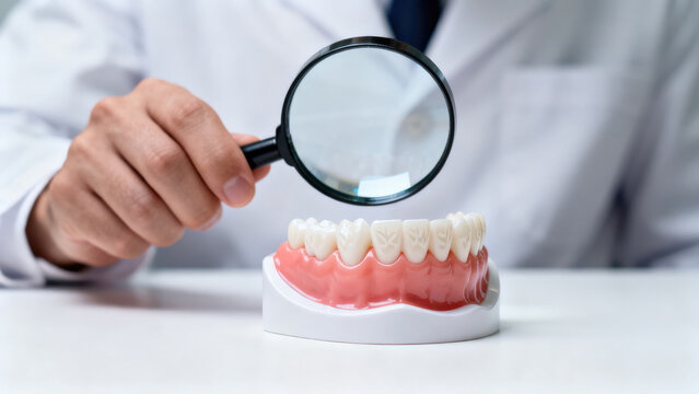 Dentist looking at artificial jaw model through magnifying glass to examine teeth structure. Oral health checkup concept. Professional dental care and examination in medical clinic.