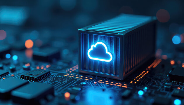 Glowing cloud icon on shipping container placed on electronic circuit board. Cloud storage and data transfer concept. Digital infrastructure and modern information technology system.