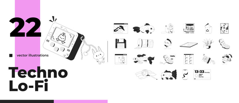 Cute everyday and Y2K digital 2D line objects pack. Desktop windows. Pet fish and cat. Retro inspired gadgets isolated cliparts vector outline items. Monochrome spot illustrations collection