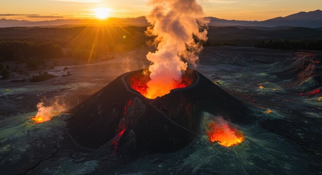 Erupting volcano spews lava and smoke at sunset in mountainous landscape