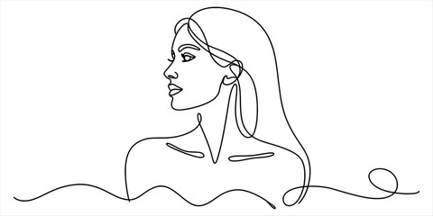 Minimalist continuous single line drawing of a beautiful woman profile portrait looking away with long hair in a simple elegant aesthetic art style © Tona Drawing Gallery