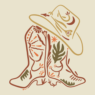 Minimalist vector logo featuring boho floral western cowgirl iconic cowboy boots and a classic hat