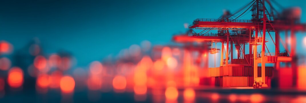 A vibrant, blurred night view of a dockyard with shipping containers and cranes illuminated by colorful lights.