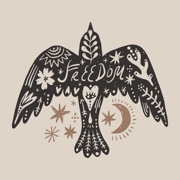 Minimalist bird and botanical vector illustration, hand-drawn live freely lettering, mystical freedom concept line art, modern celestial silhouette for eco branding and t-shirt print