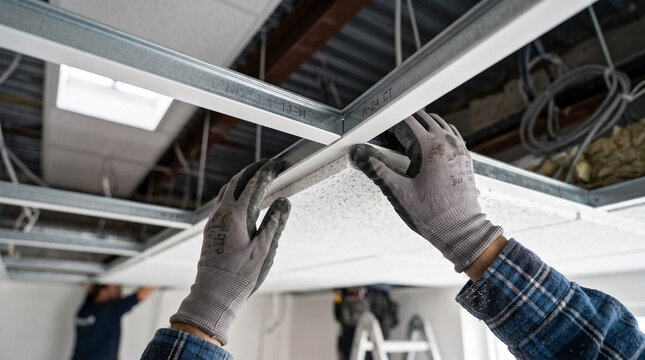 Hands placing panel ceiling frame for building interior. Worker installs acoustic tiles, hands placing panel ceiling frame on grid. Professional hands placing panel ceiling frame for commercial use.